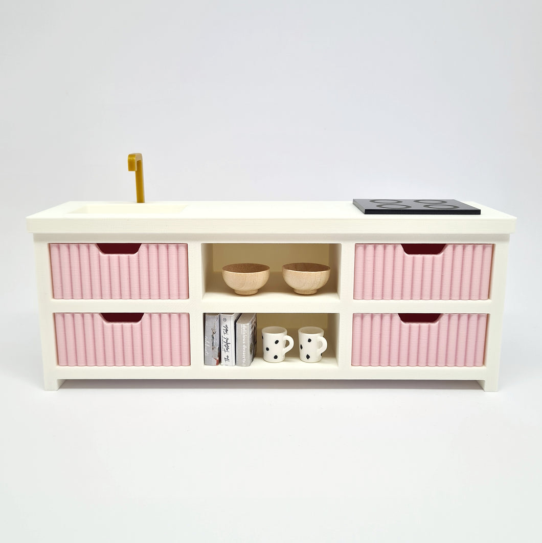 Dollhouse Kitchen, White and Pink Fluted Drawers