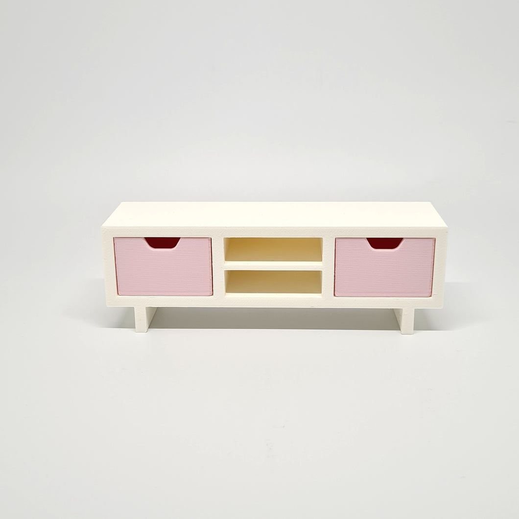 Dollhouse TV Unit, White with Pink Drawers