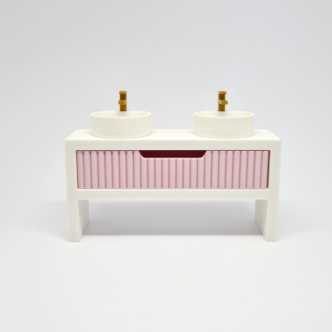 Double Bathroom Vanity with Fluted Drawer, Pink and White